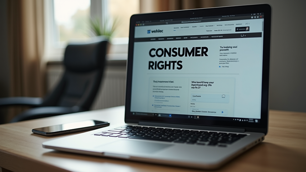 Close-up view of a laptop with a consumer rights website open