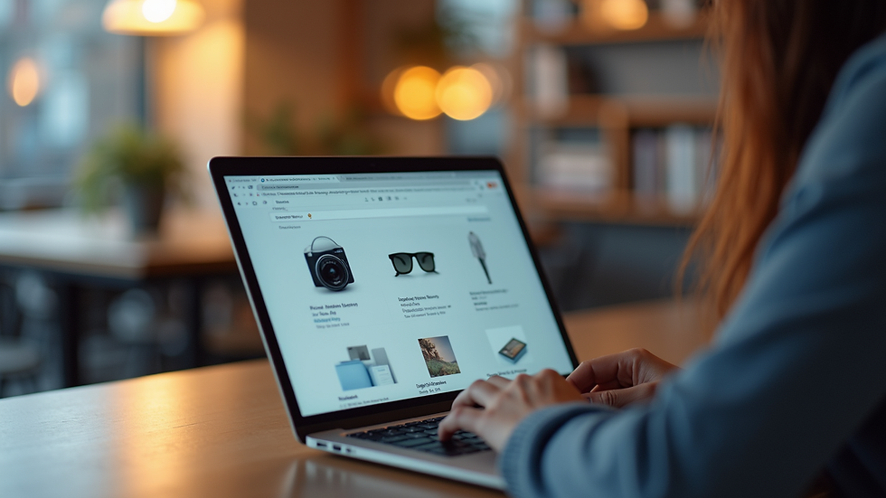 Eye-level view of a consumer reading product information on a laptop