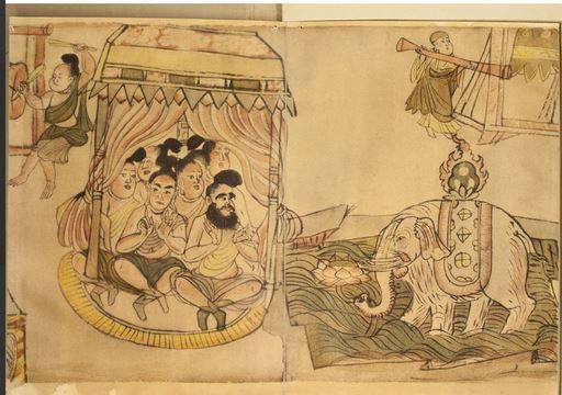 Sariputra et les Six Maîtres d'erreur  époque Tang ou Cinq Dynasties, IXe-Xe siècle Rouleau de 12 feuilles de papier beige clair, incomplet au début et à la fin, illustration au recto ; texte au verso 27,5 x 571,3 cm 				BNF, Manuscrits orientaux, Pelliot chinois 4524