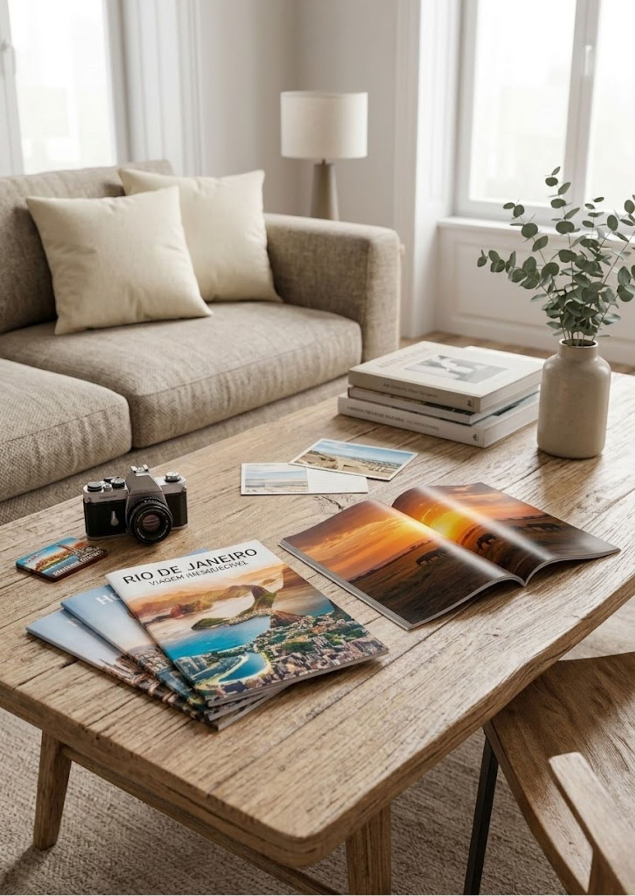 Revista de fotos de viagem personalizada aberta em uma página dupla com foto de safári ao pôr do sol, ao lado de uma pilha de