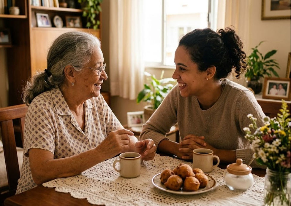 Uma jovem mulher de cabelos cacheados e uma senhora idosa de cabelos grisalhos presas em um coque estão sentadas à mesa, sorrindo e conversando calorosamente enquanto tomam café. O ambiente é acolhedor e iluminado por luz natural, com xícaras de café e um bolo sobre a mesa de madeira. Não há celulares à vista.
