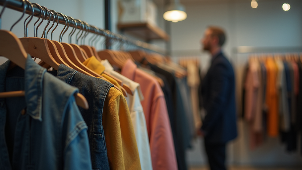 Eye-level view of a clothing rack displaying a variety of stylish apparel