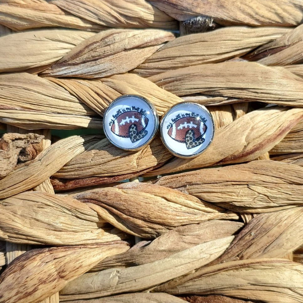 Sports Glass Cabochon Studs - Football - Silver