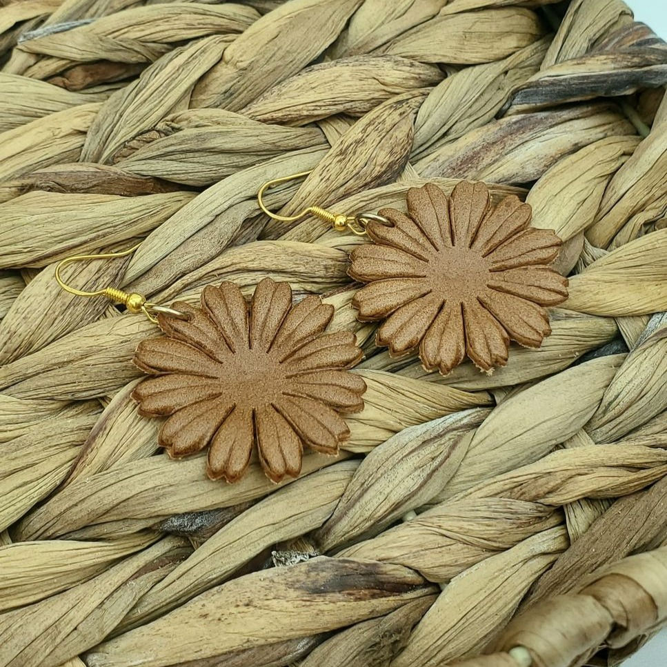 Thumbnail: Genuine Leather Earrings - Tan Flower