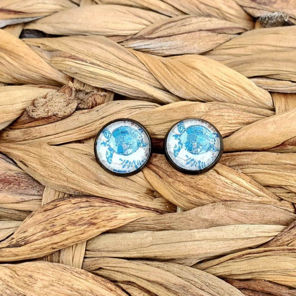 Sea Creature Studs - Blue Sea Turtles - Black