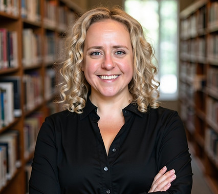 A picture of Katie Furney with blonde curly hair in a library