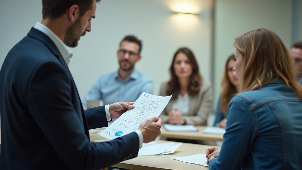 Vue latérale d’un formateur expliquant un plan de route à un groupe d’apprenants