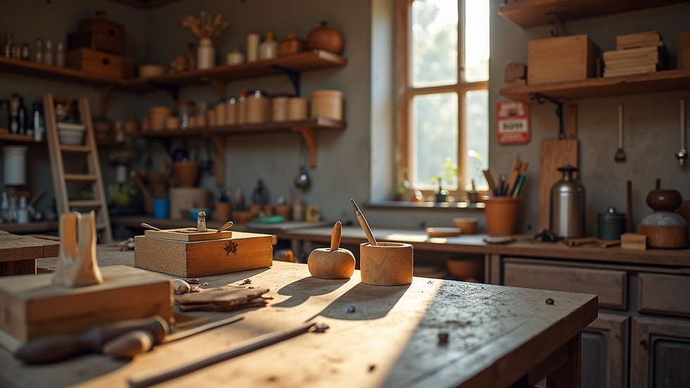 Vue rapprochée d’un atelier de menuiserie avec outils et bois
