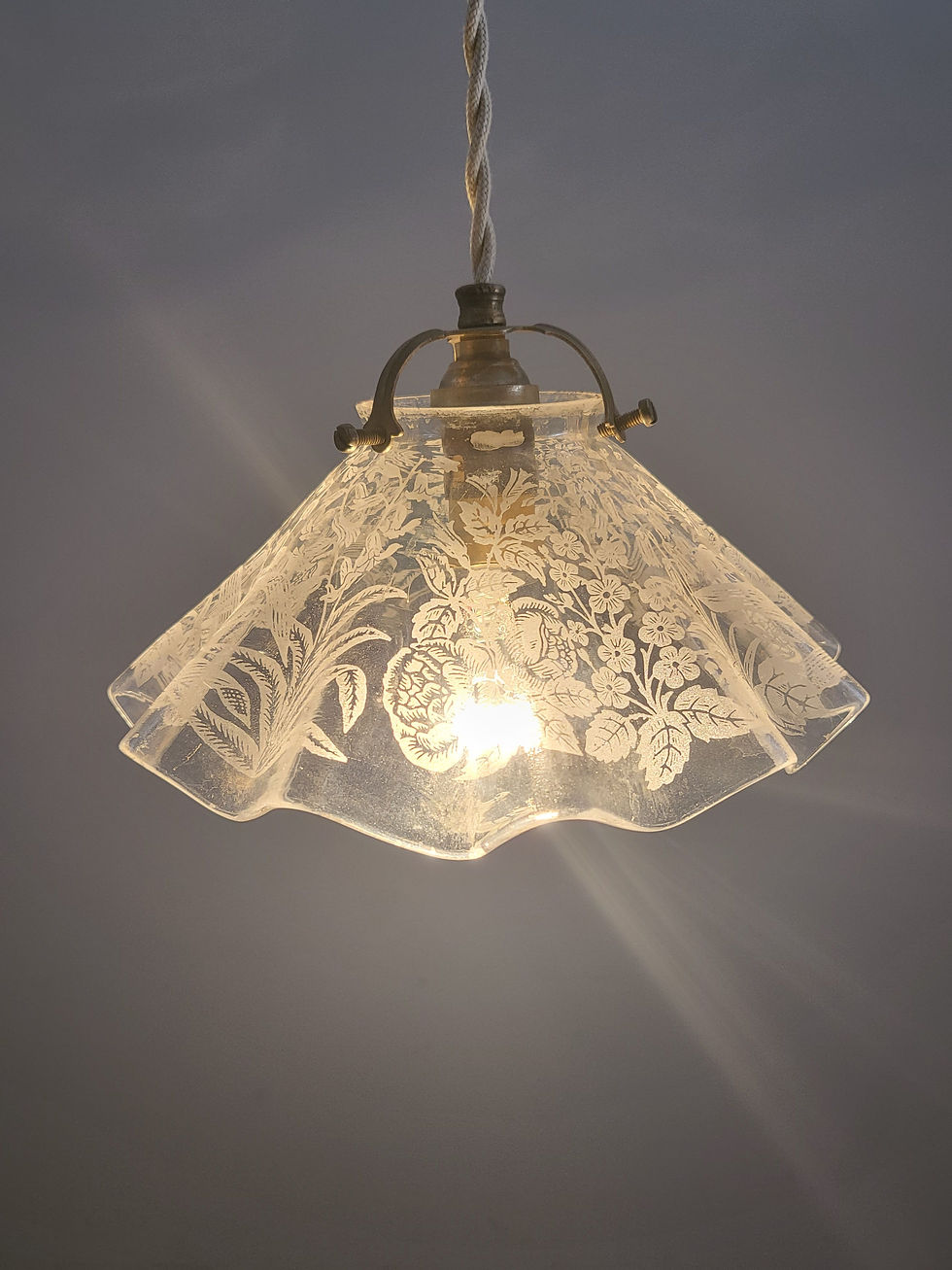 フランスアンティーク 1920年代の吊り下げ 酸エッチング ガラスシェード ランプ.