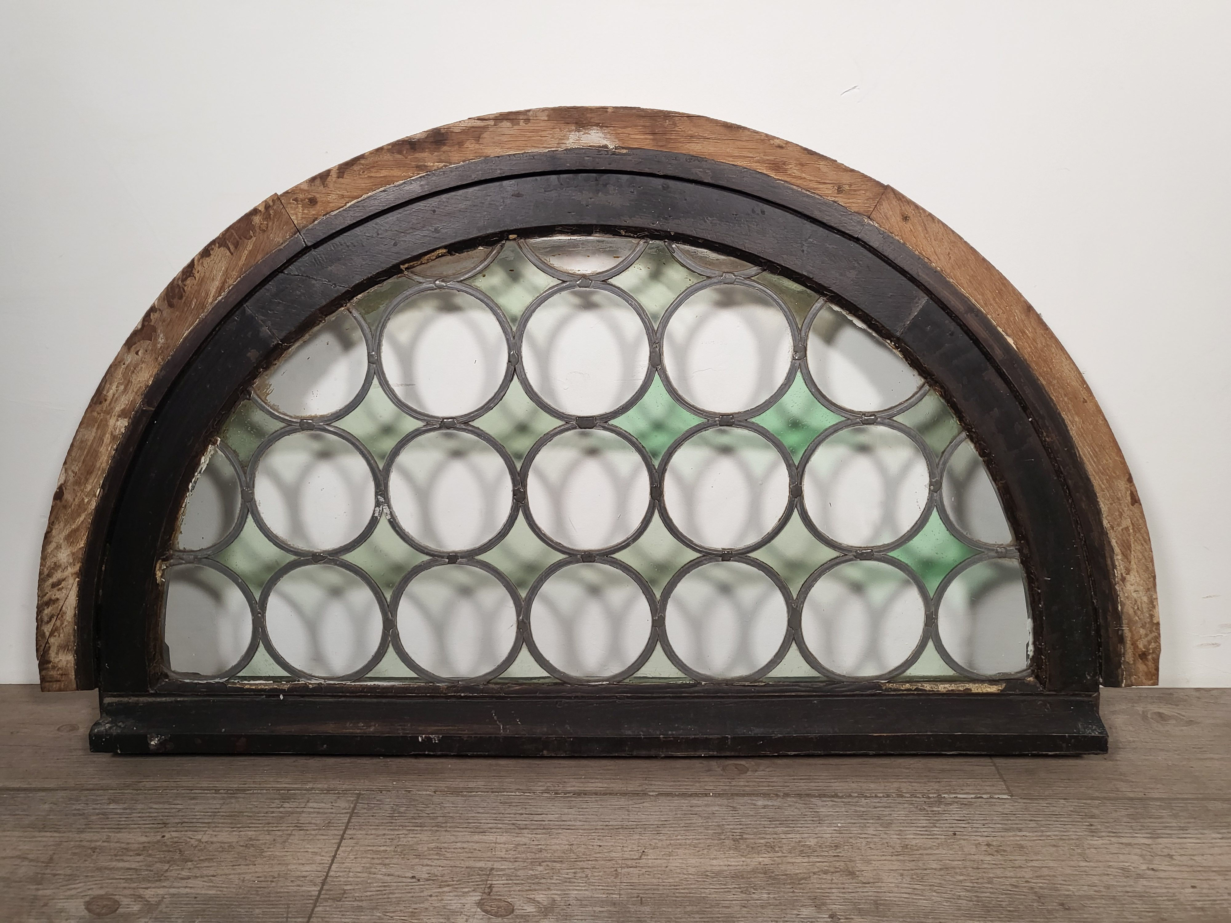 フランス アンティーク  木製窓B　ミルクペイント　透明＆薄いグリーン　お洒落な窓　丸ガラス　　ショップディスプレー　店舗什器