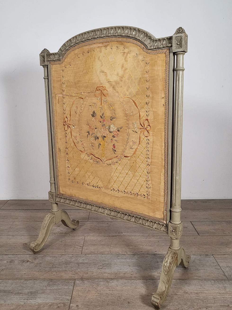フランス アンティーク シルクファイヤースクリーン 暖炉の熱さ除け 1790年代~1820年代 お洒落なオブジェ 店舗什器