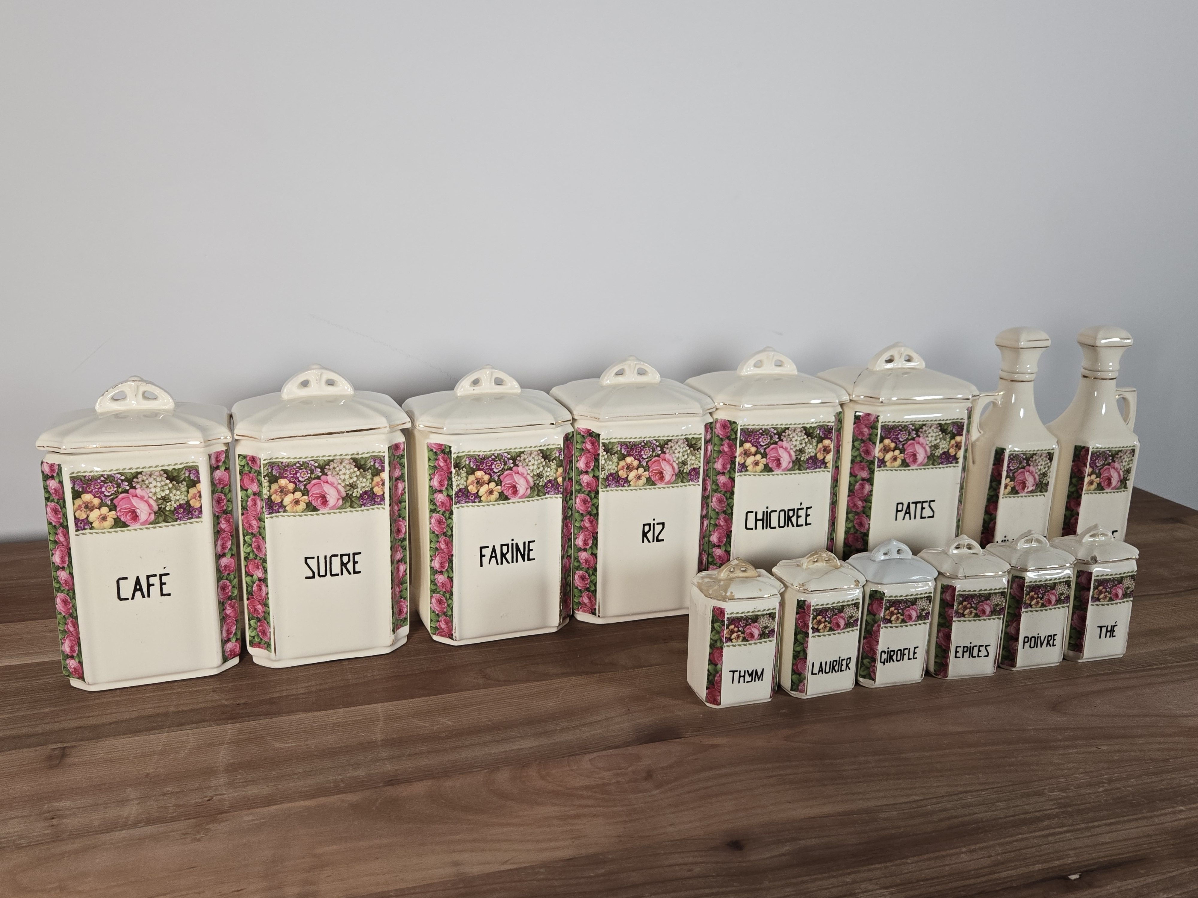 フランス  アンティーク  ファイヨンス　キャニスターセット14個　可愛い　花柄　ショップデイスプレイ　店舗什器　　蚤の市