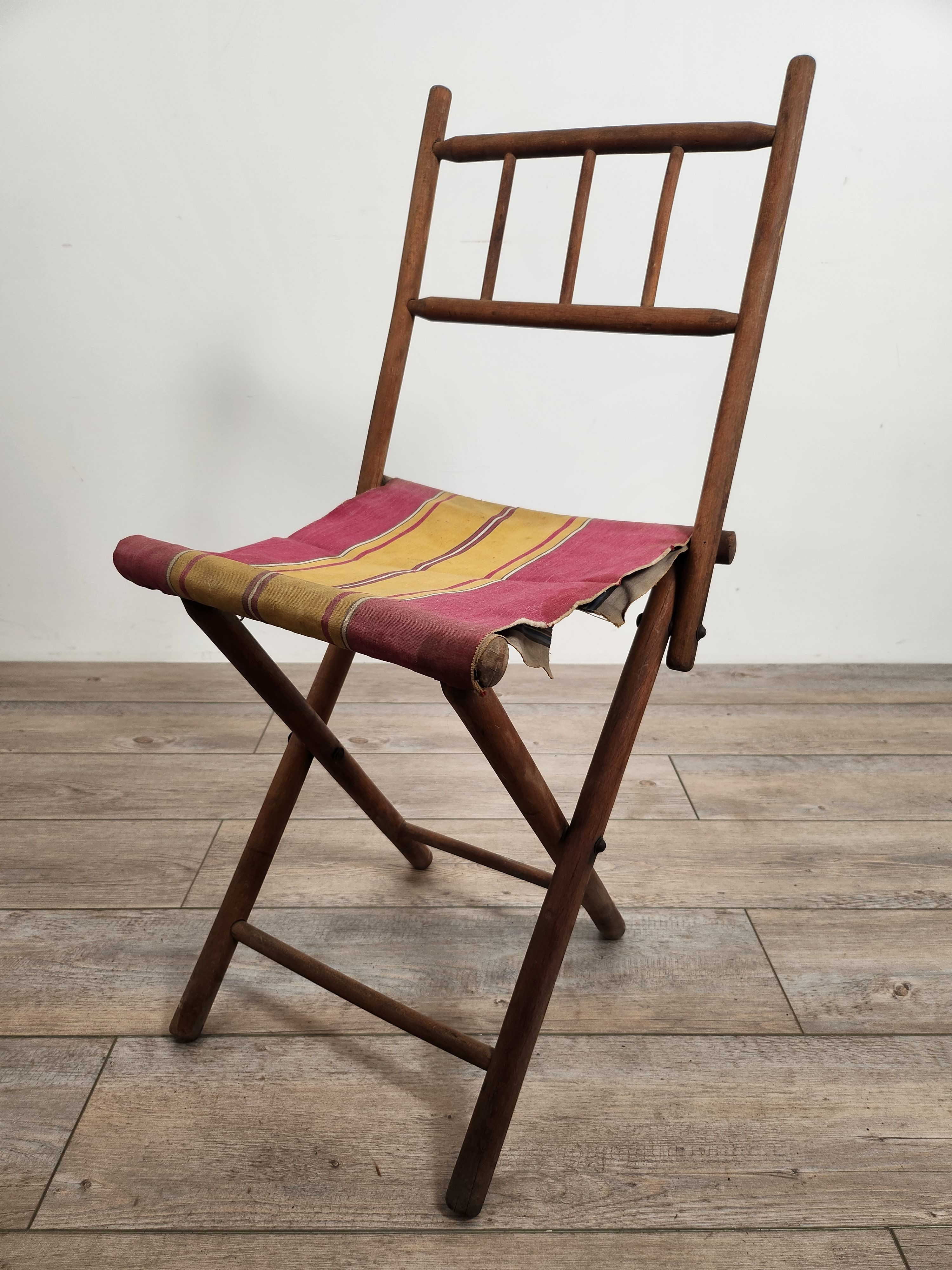 フランスアンティーク　折りたたみ式椅子　コットン　小さい椅子　持ち運び椅子　海水浴場用　キャンプ用