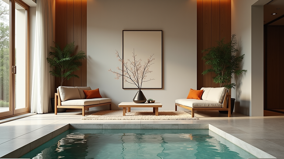 Vue en plongée d’un salon d’hôtel avec mobilier contemporain et œuvres d’art