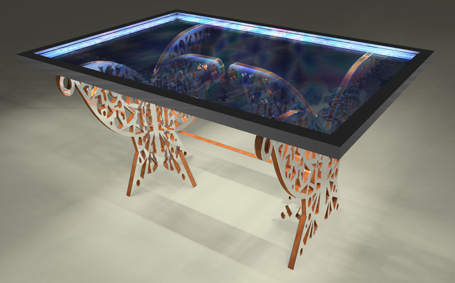 Vue rapprochée d'une table en bois massif avec détails métalliques