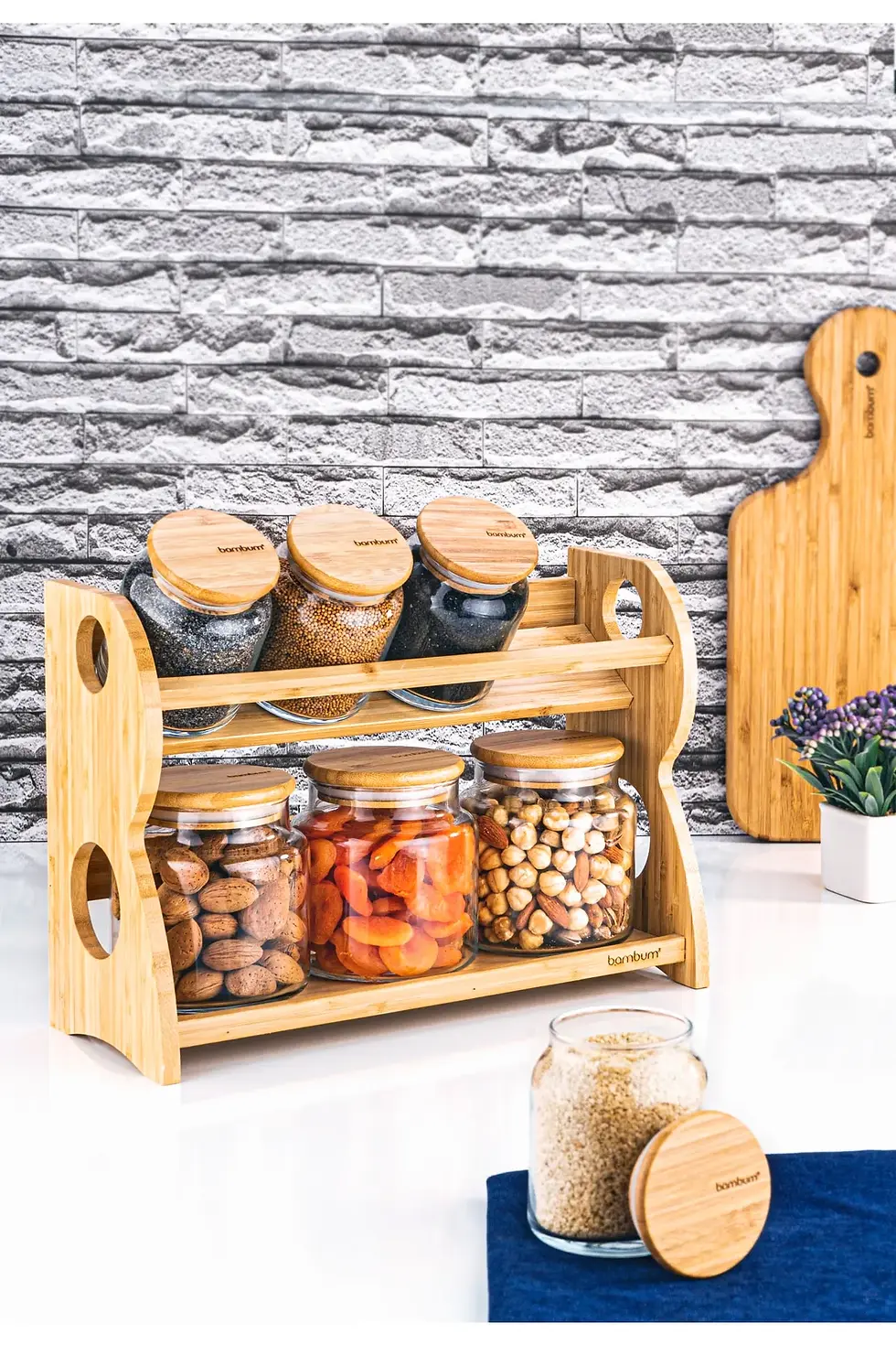 Bambum Bench - 8 Parça 2 Katlı Standlı Yatay Baharatlık Seti