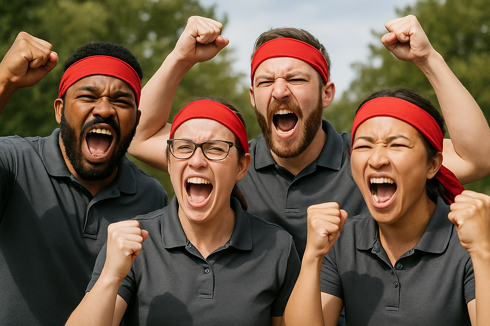 Energetic team shouting in unison with red headbands during an intense War Cry Challenge performance.