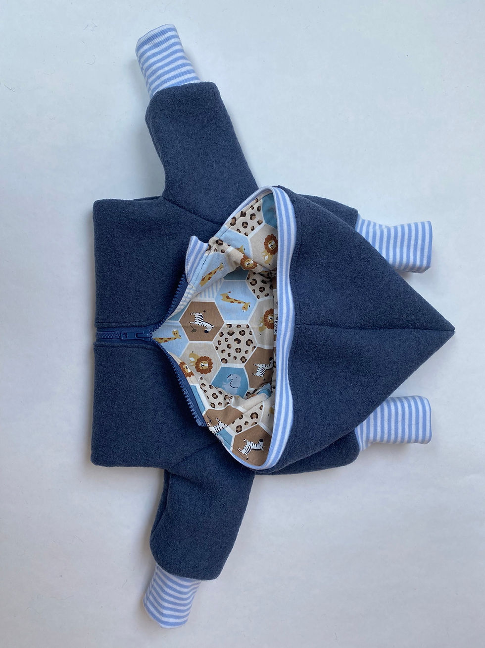 Thumbnail: Walk overall smoke blue with cuffs in light blue striped zoo animals
