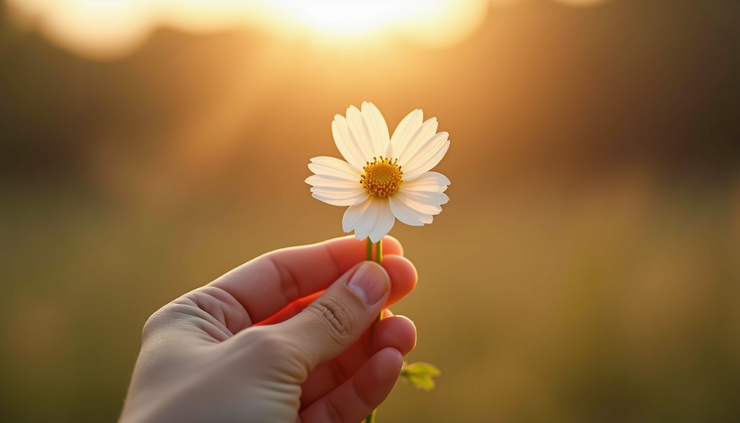 Vue rapprochée d’une main tenant une fleur fragile sous la lumière douce du matin