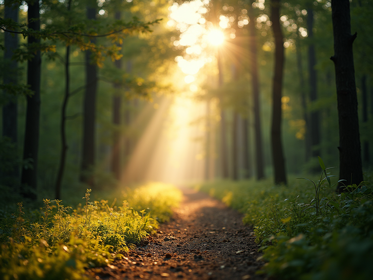 Serene forest pathway in warm sunlight