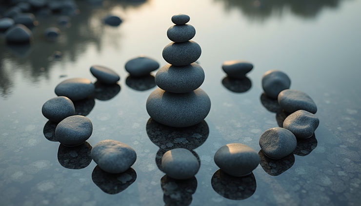 Vue en plongée d’un cercle de pierres posées en équilibre symbolisant l’harmonie entre forces opposées