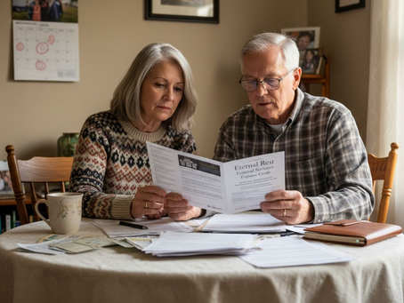 Couple reviewing funeral expense paperwork