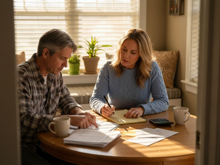 Couple reviews insurance documents at kitchen table