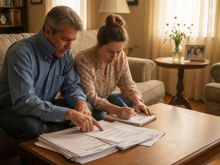 Family reviewing insurance paperwork in living room