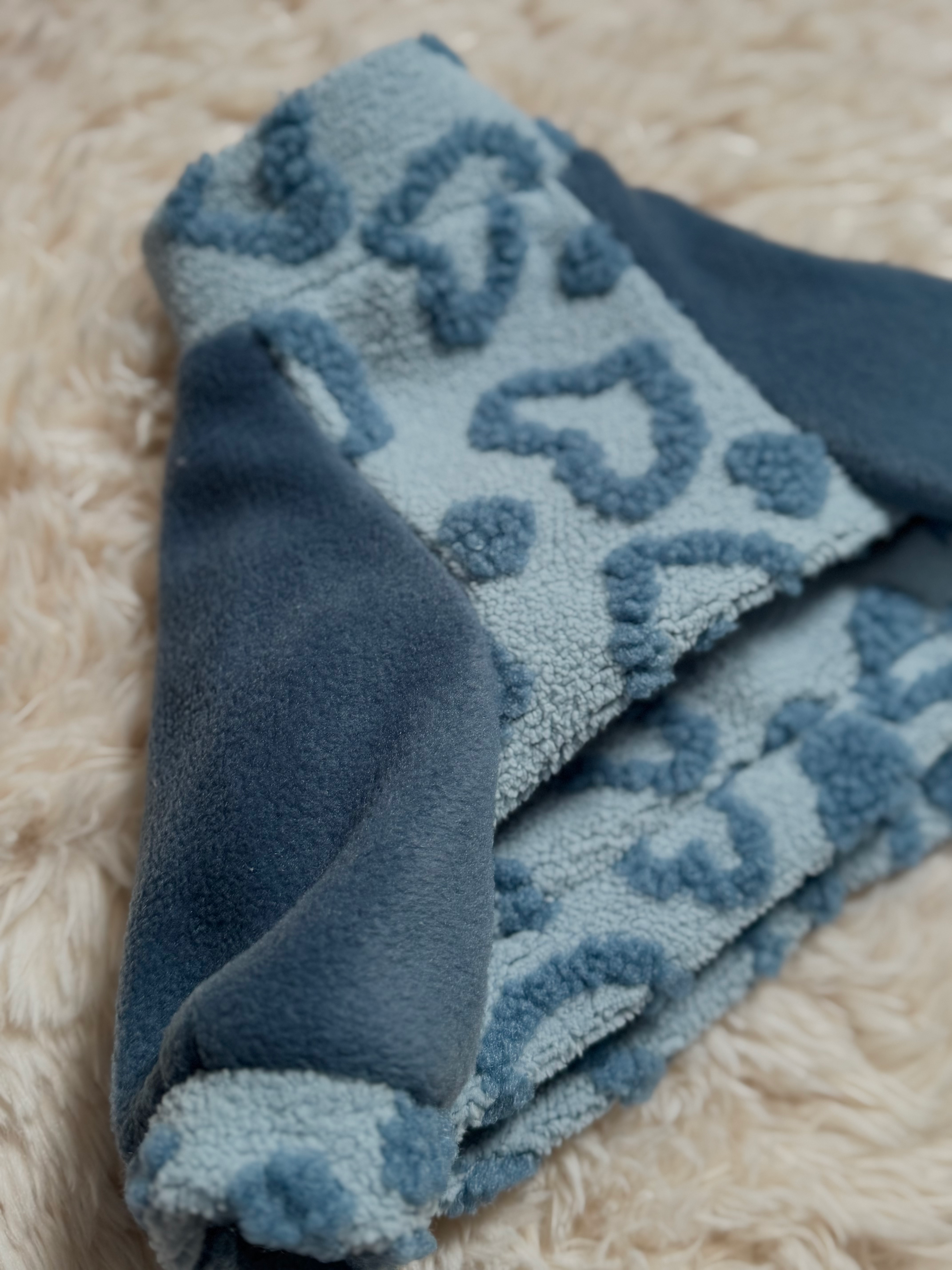 Denim blue I woof you - handmade teddy/ Sherpa heart, polar fleece jumper