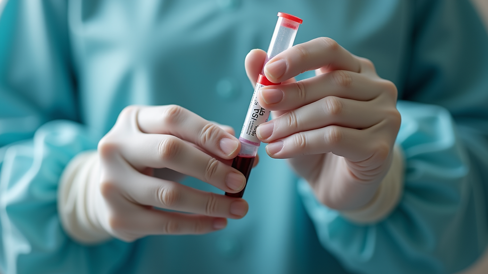 Close-up view of a phlebotomist’s hands holding a blood collection tube