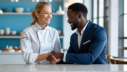 create and image of a happy small restaurant owner reveiving marketing consulting services