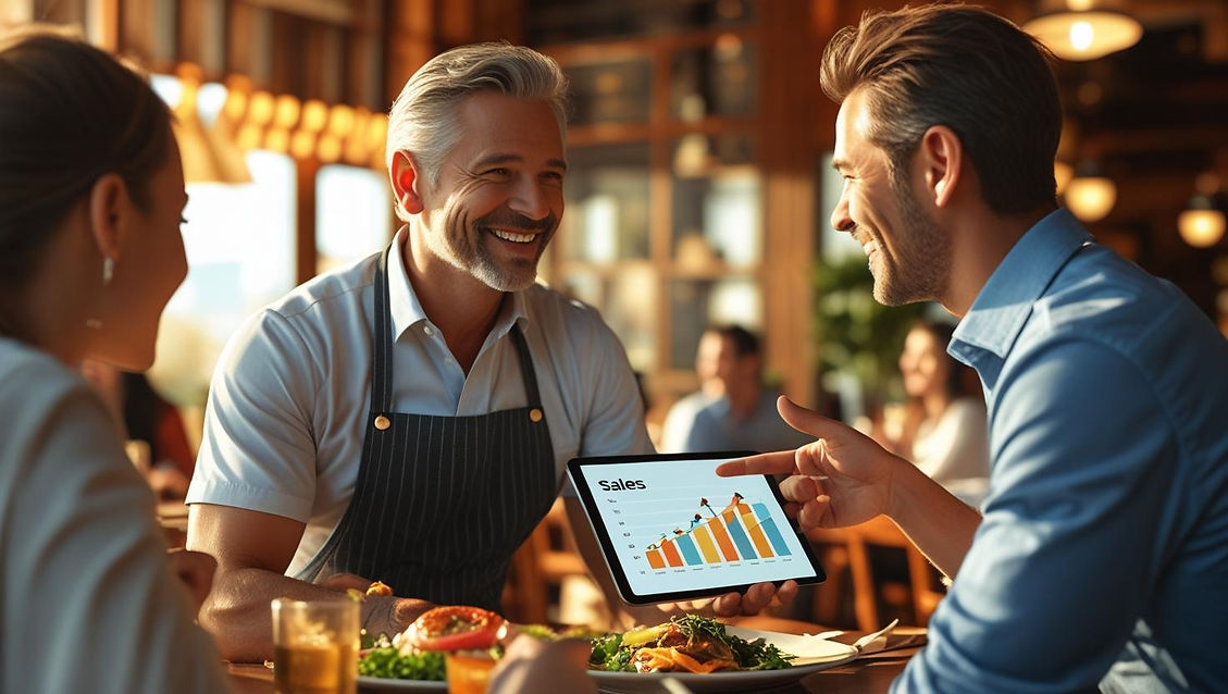 create an image of happy small restaurant owner receiving marketing consulting services an