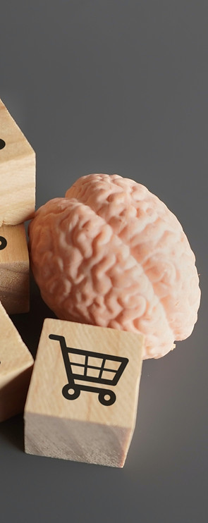 A human brain and wooden blocks with shopping carts icon Consumer behavior, impulse buying