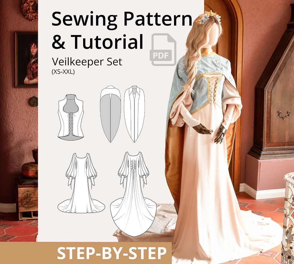 Veilkeeper Set PDF sewing pattern for a cream fantasy gown with puff sleeves and blue cape.
