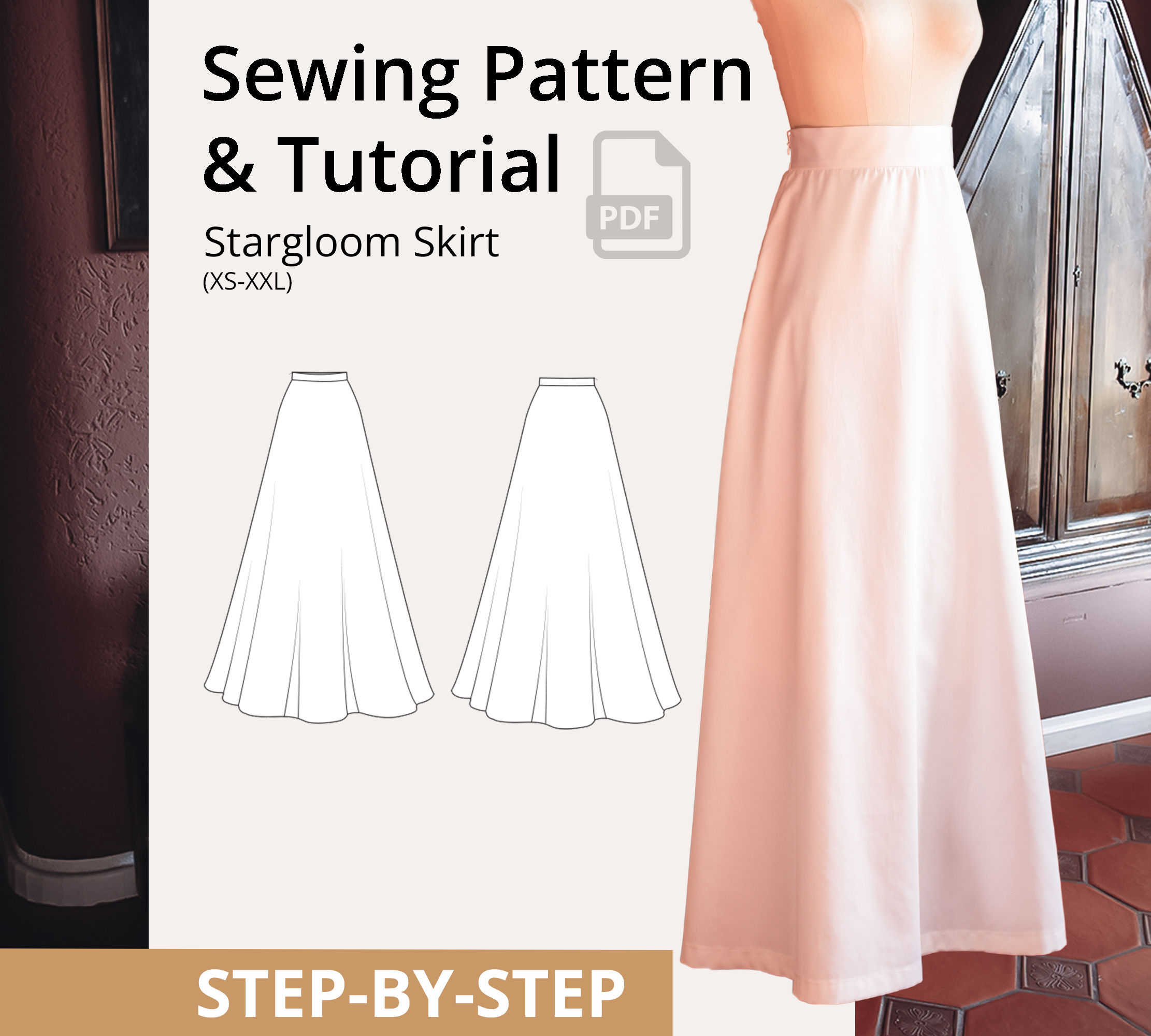 Stargloom Skirt PDF sewing pattern for a long, flowing ivory A-line skirt with a waistband.