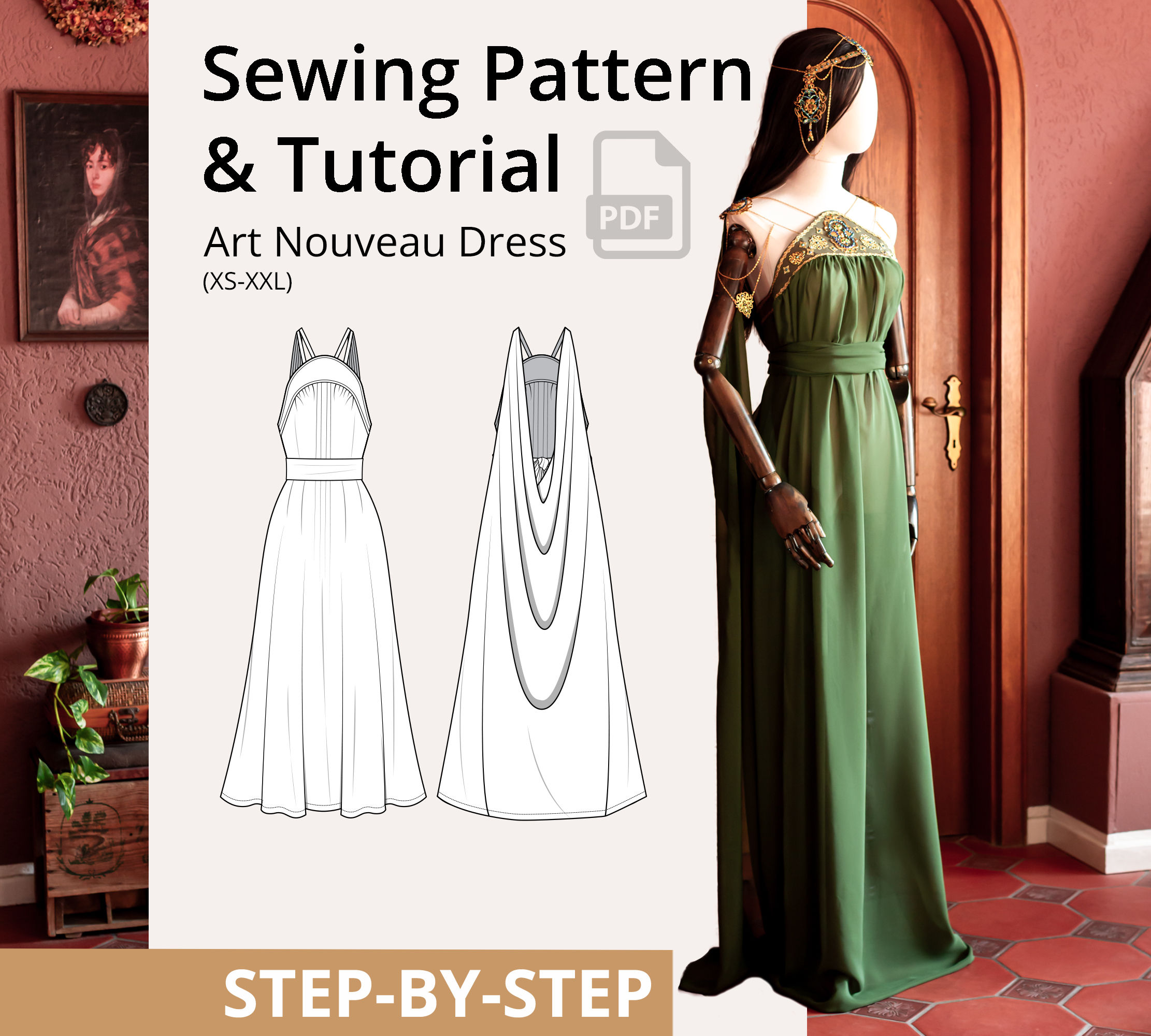 Art Nouveau Dress PDF sewing pattern for a long green fantasy gown with gold embellishments, flowing drapes and fitted waist.