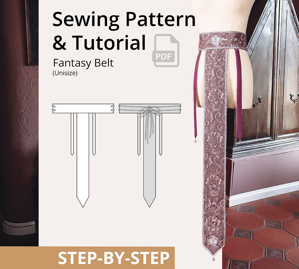 Fantasy Belt PDF sewing pattern for an embroidered purple fantasy belt with gemstones and a long decorative front panel.