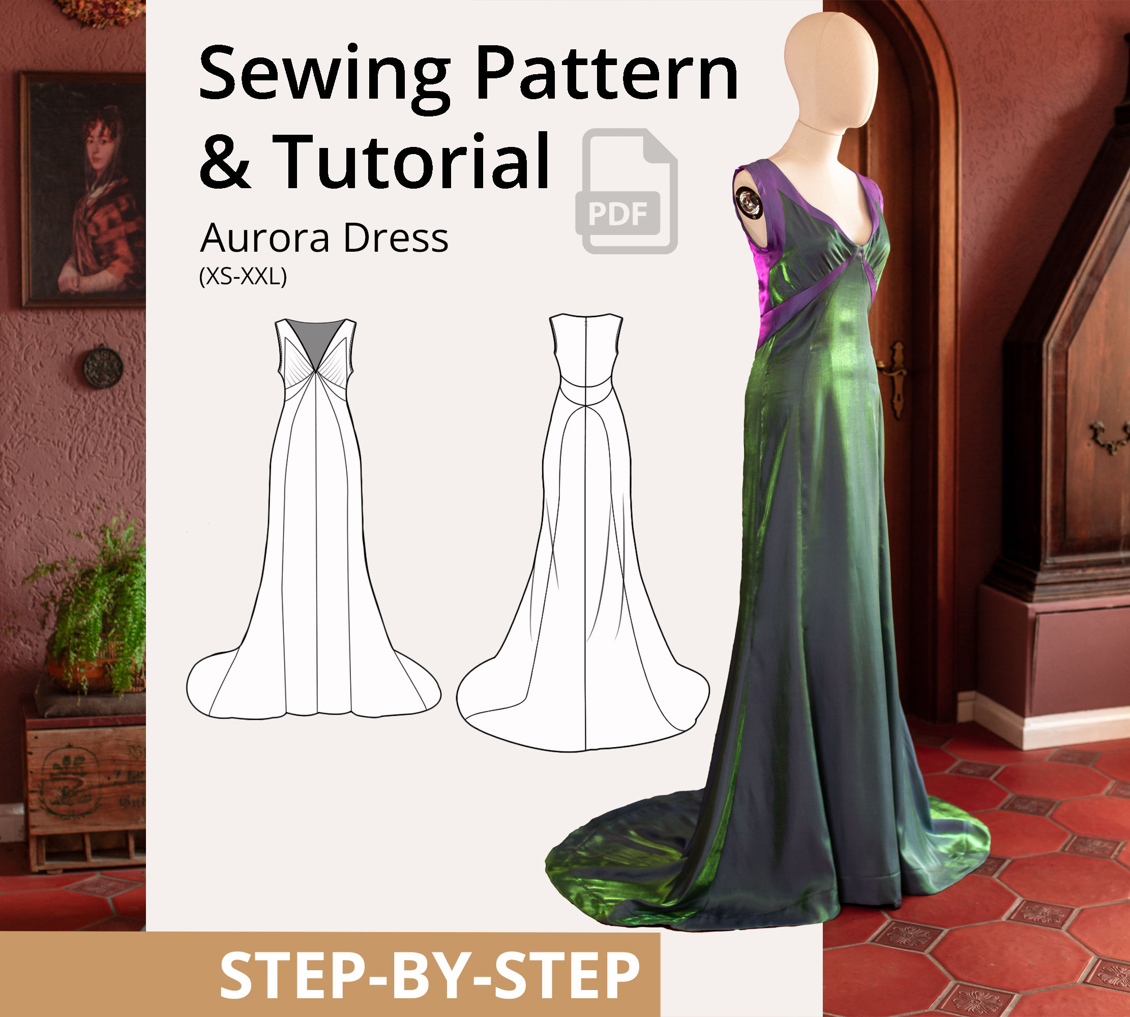 Aurora Dress PDF sewing pattern for a long green fantasy gown with purple accents, fitted bodice and flowing train.