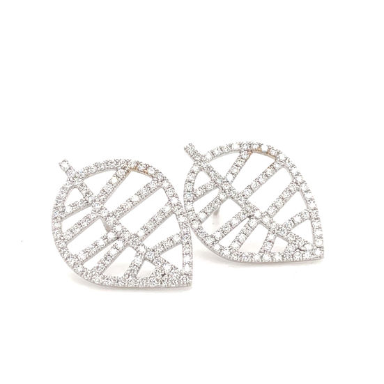 Front view of white gold stud earrings pavé-set with diamonds in the shape of a leaf