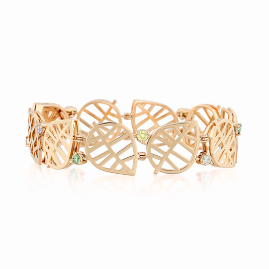 Front view of a 18k rose gold fine jewellery bracelet featuring a delicate leaf motif and set with sparkling diamonds.