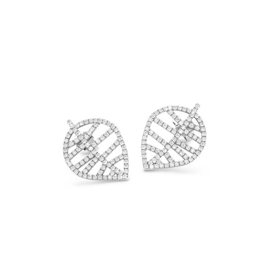 View of pair of white gold stud earrings with diamonds in the shape of a beech leaf