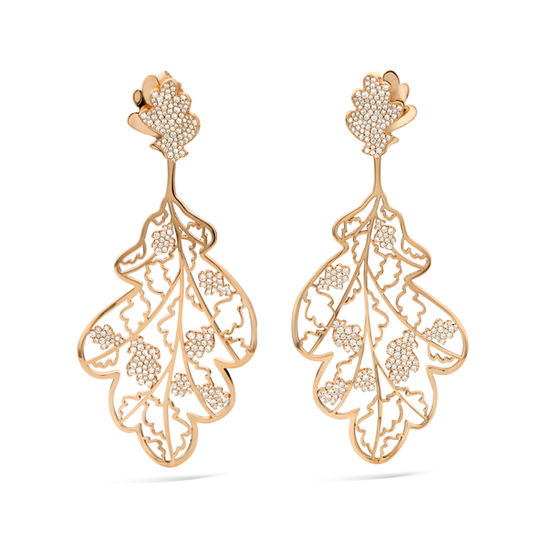 Front view of 18k rose gold earrings pavé set with white diamonds in the shape of an Oak leaf.