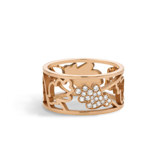 Ring with delicate oak leaves and cut-outs set with diamonds made in rose gold