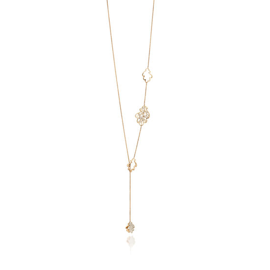 Full view of 18k gold oak leaf necklace featuring gold links and alternating oak leaves, some pavé-set with white diamonds