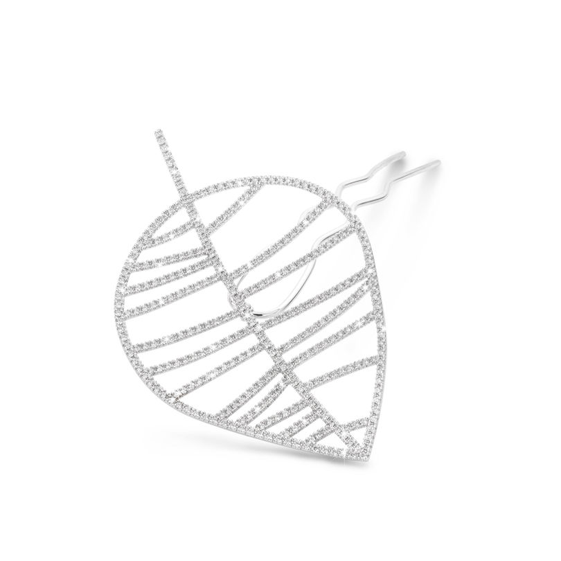 Frontview of 18k white gold fine jewellery hairpin pavé-set with white diamonds, in shape of beech leaf.