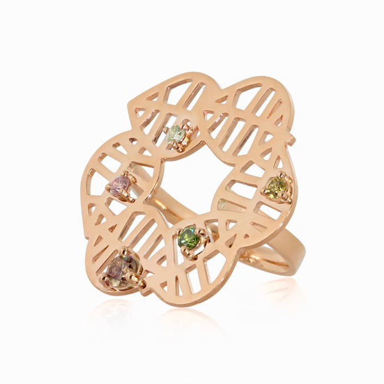Front view of 18k rose gold fine jewellery statement ring in shape of beech leaves and set with colour diamonds.