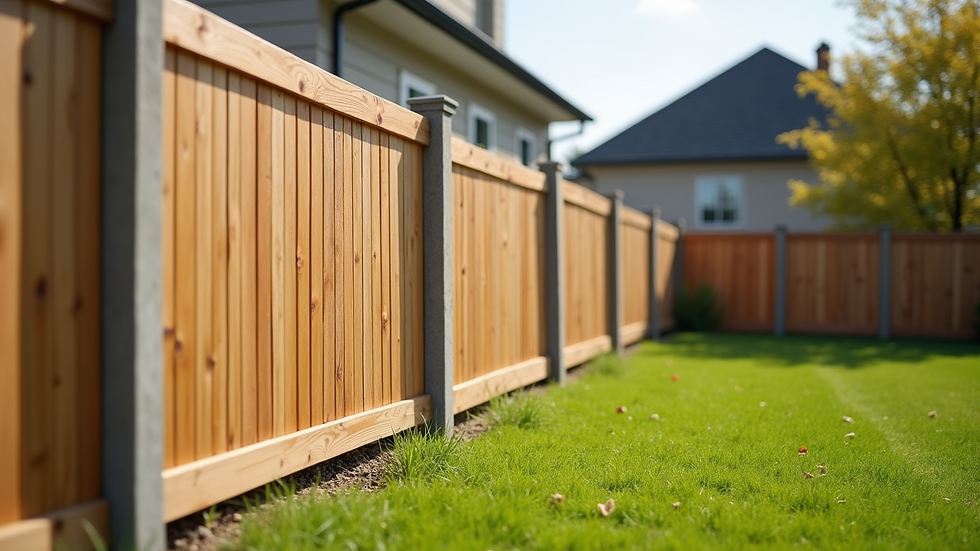 Eye-level view of newly installed wooden fence panels with concrete posts in a residential yard
