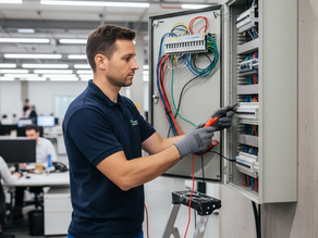 Eye-level view of a commercial electrician inspecting electrical wiring in a business premises