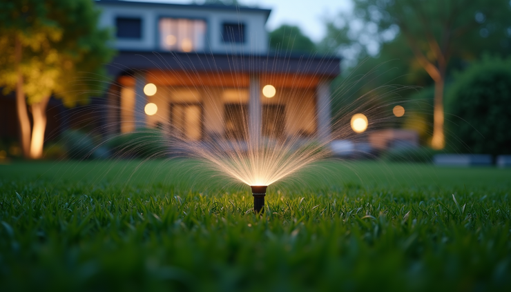 Eye-level view of a modern garden with AI-controlled irrigation system and smart lighting