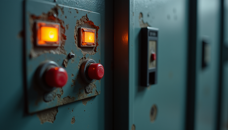 Close-up view of an electrical panel with signs of overheating